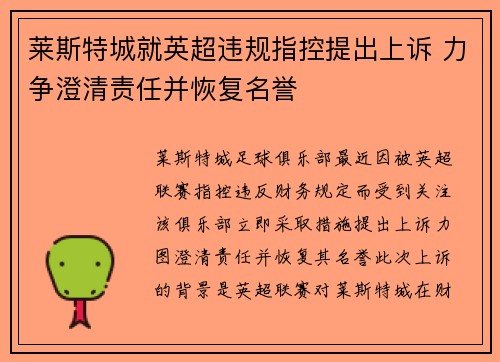 莱斯特城就英超违规指控提出上诉 力争澄清责任并恢复名誉 莱斯特城就英超违规指控提出上诉 力争澄清责任并恢复名誉